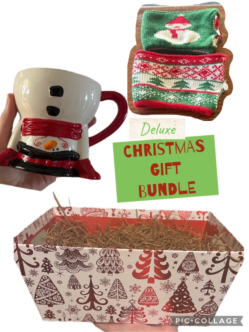 Holiday Snowman Mug, Knit Cozy and Gift Packaging- Christmas Red, Green, White